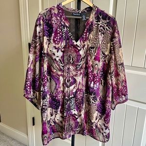 Maggie Barnes Plus Size Purple/Fushia/Tan Front Pleated V Neck Blouse 3x